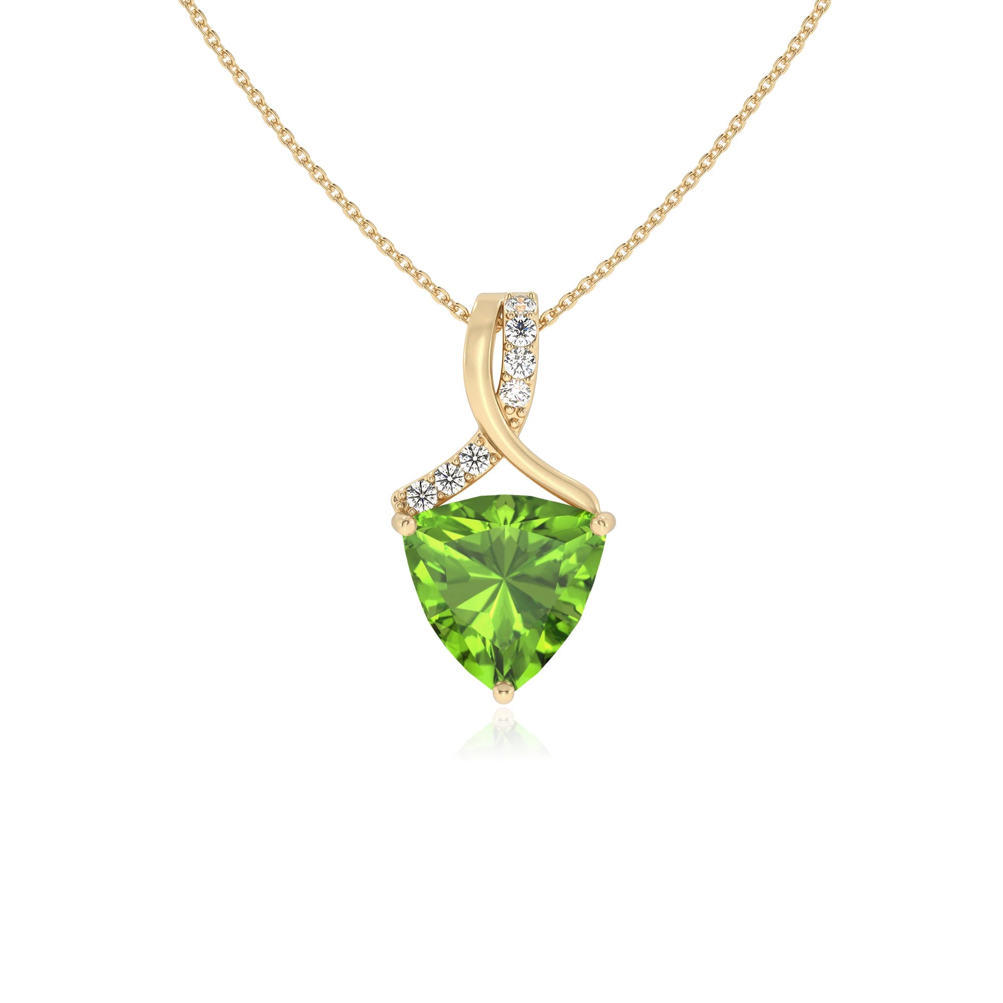 natural peridot trillion solitaire necklaces in yellow gold 