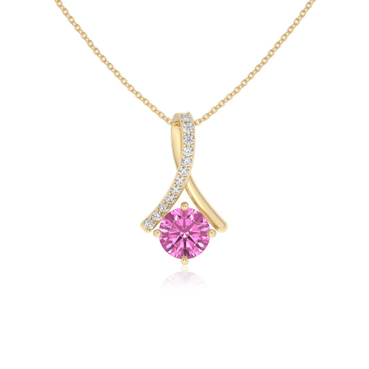 lab grown pink-sapphire round solitaire necklaces in yellow gold 