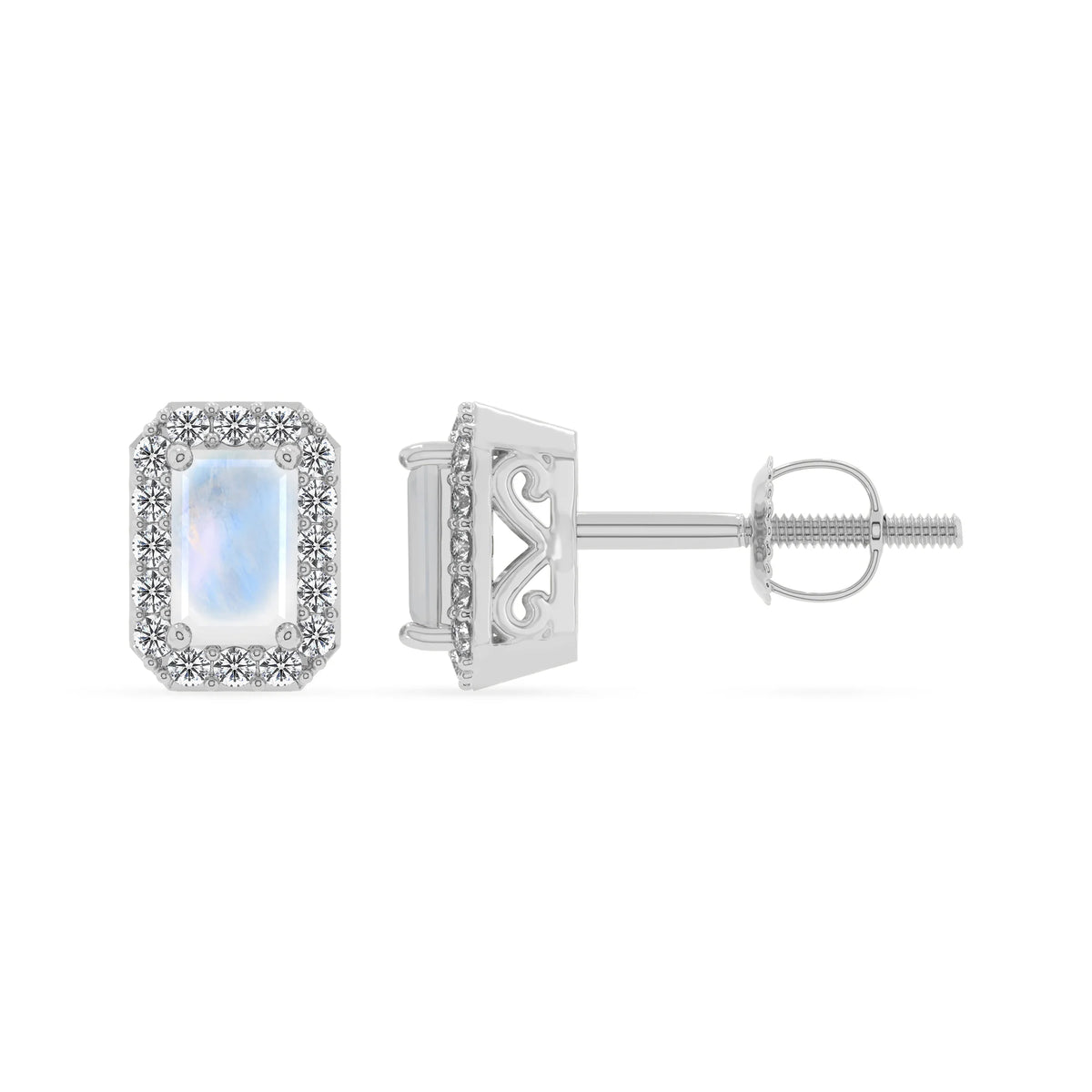 natural rainbow moonstone emerald cut stud earrings in sterling silver 