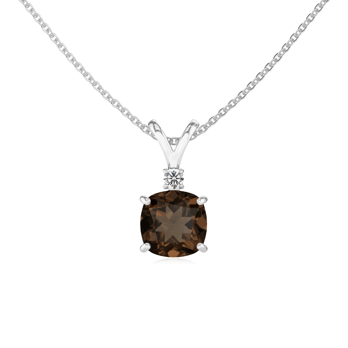 natural smoky-quartz cushion solitaire v-bale necklaces in platinum 