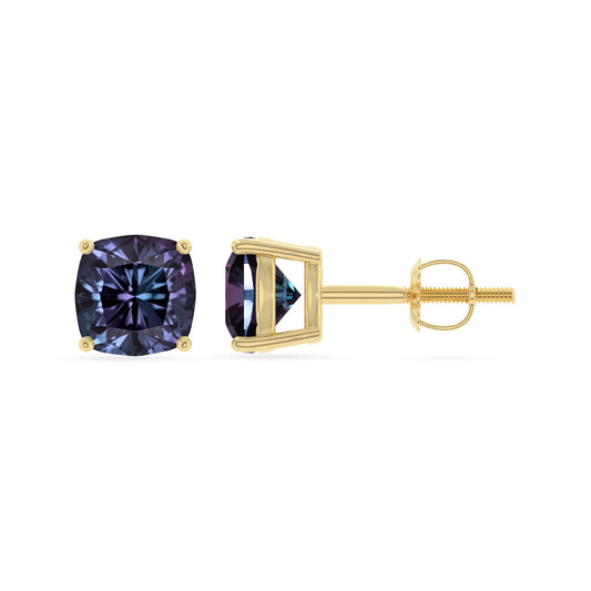 lab grown alexandrite cushion stud earrings in yellow gold 