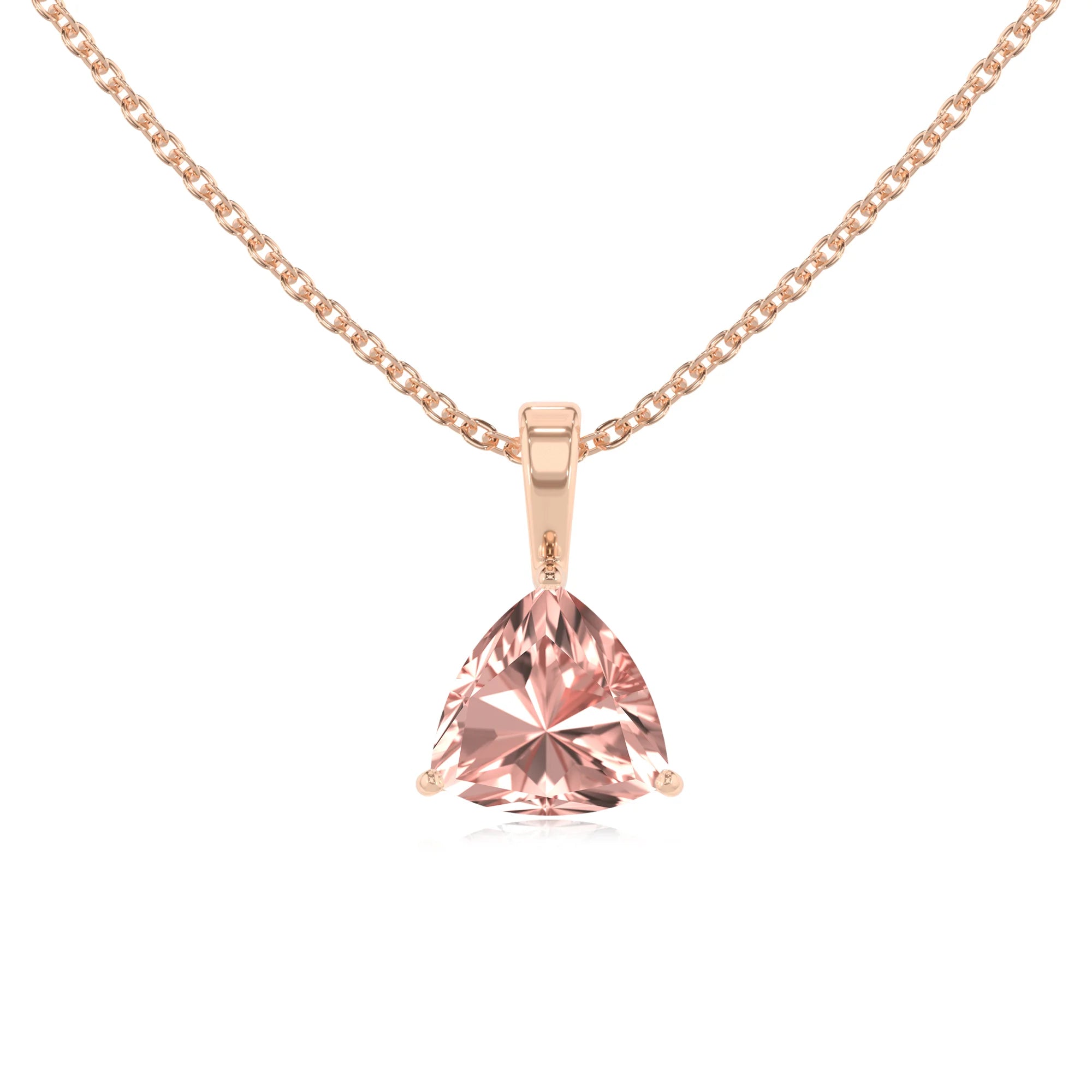 lab grown morganite trillion solitaire necklaces in rose gold 