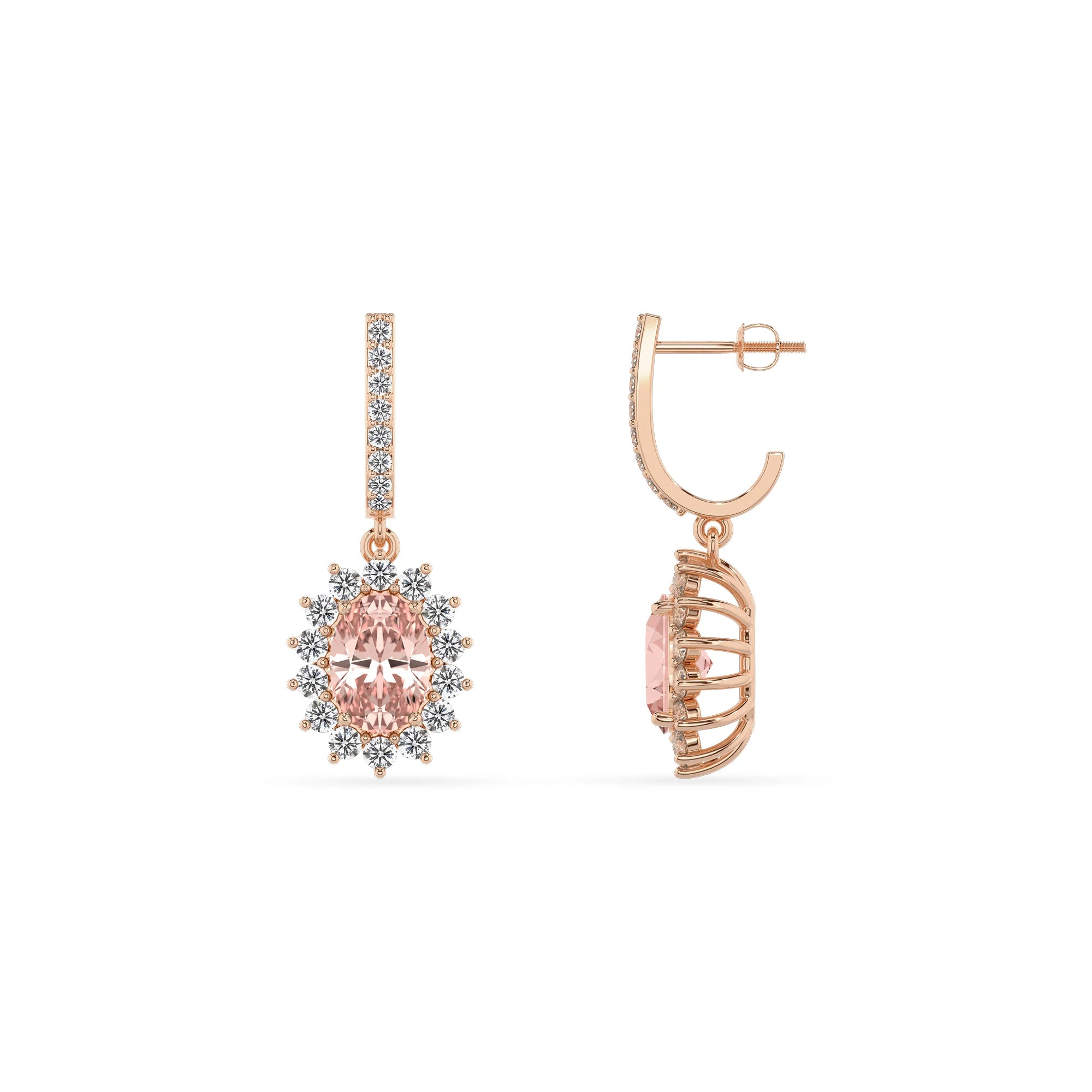 lab grown morganite oval drop earrings in rose gold 