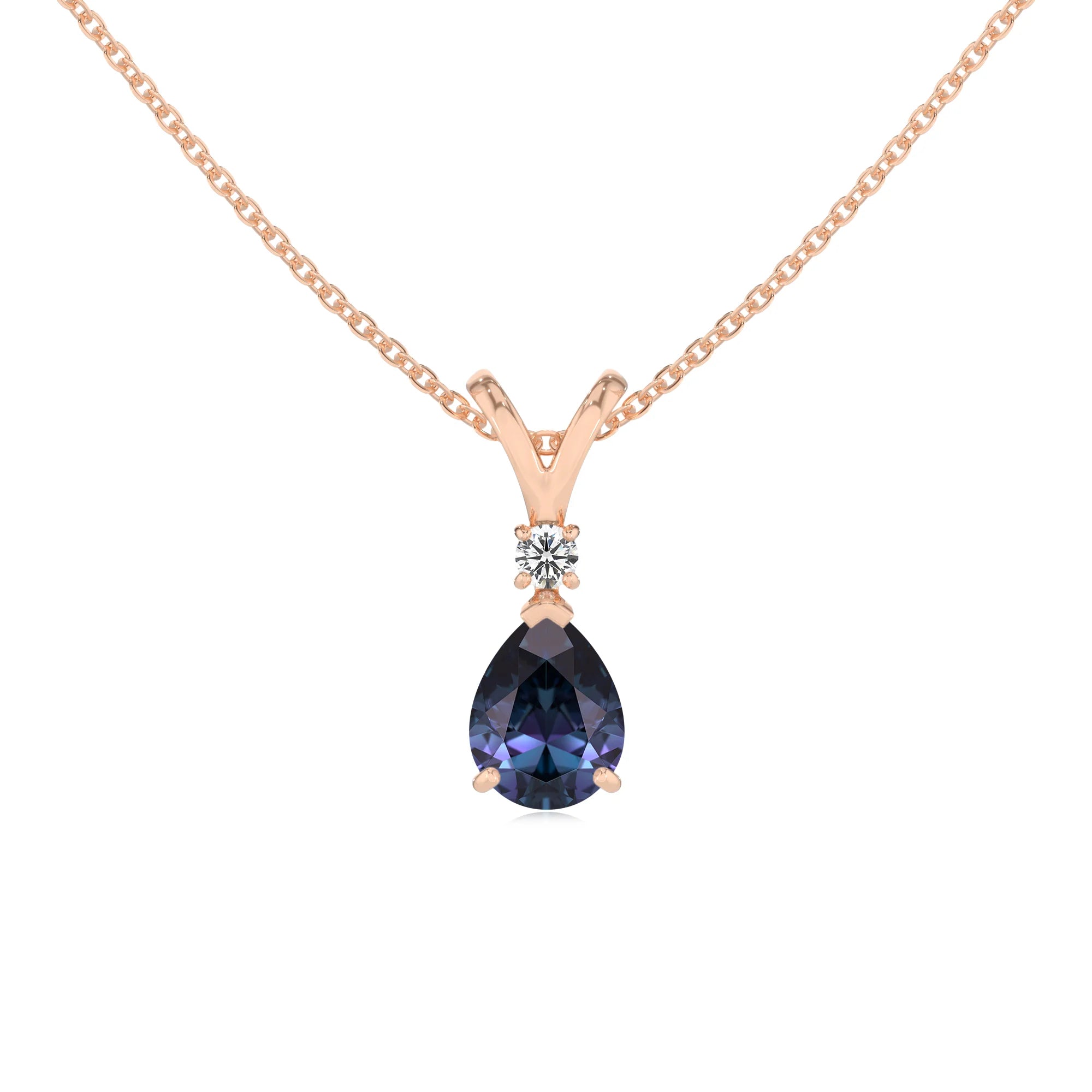 lab grown alexandrite pear solitaire v-bale necklaces in rose gold 