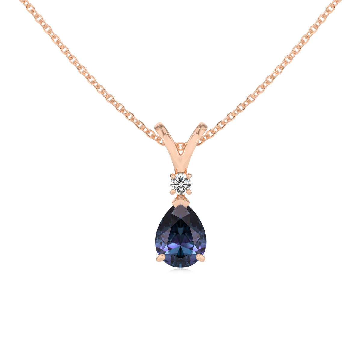 lab grown alexandrite pear solitaire v-bale necklaces in rose gold 