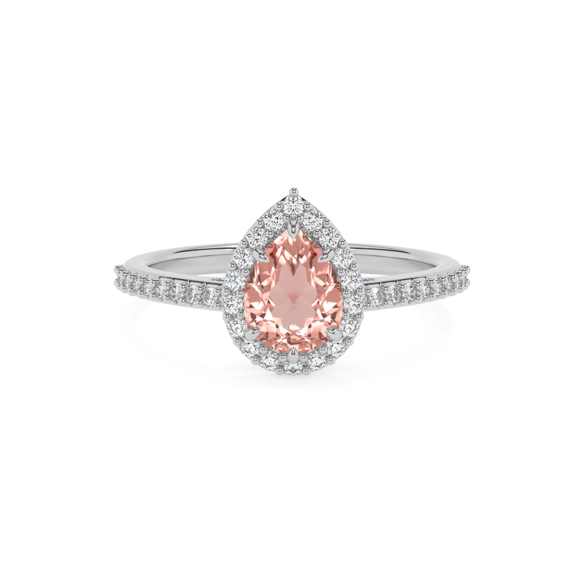lab grown morganite pear solitaire rings in sterling silver 