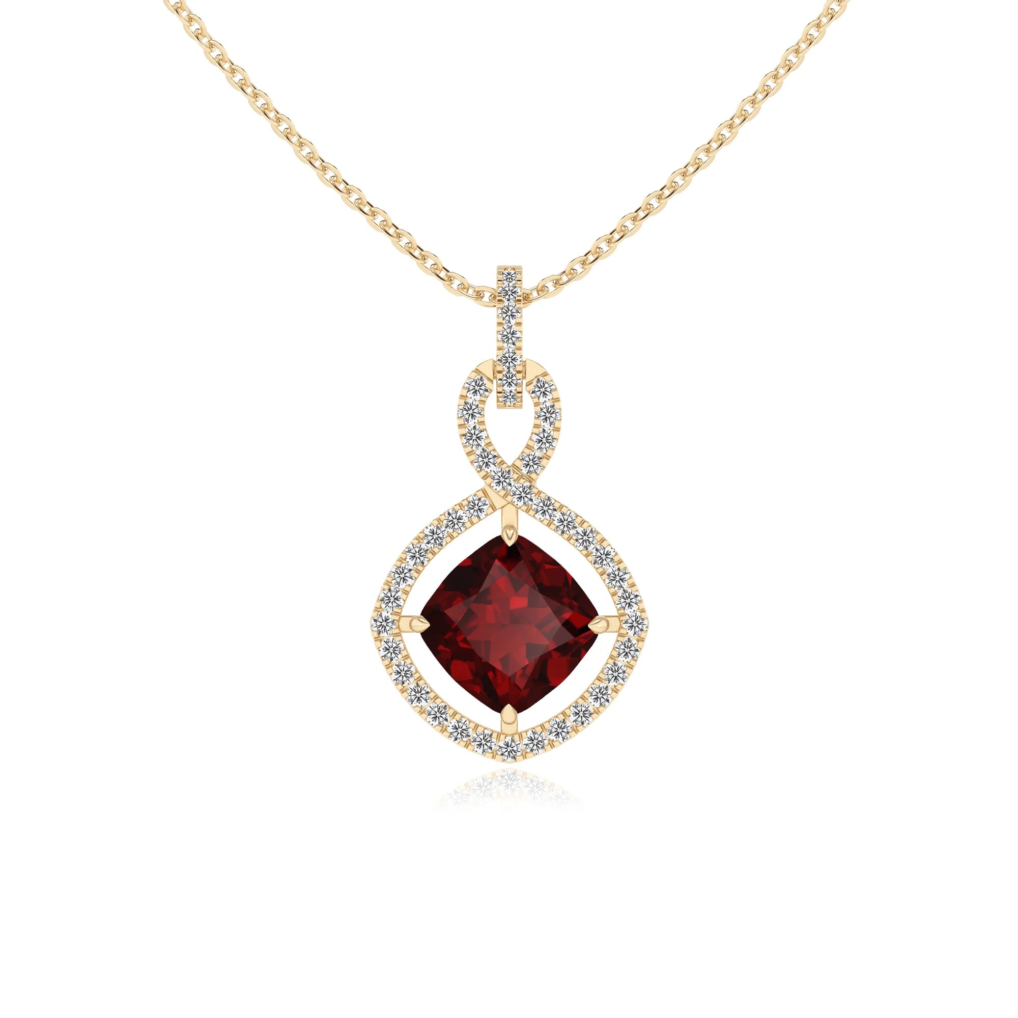 natural garnet cushion infinity necklaces in yellow gold 