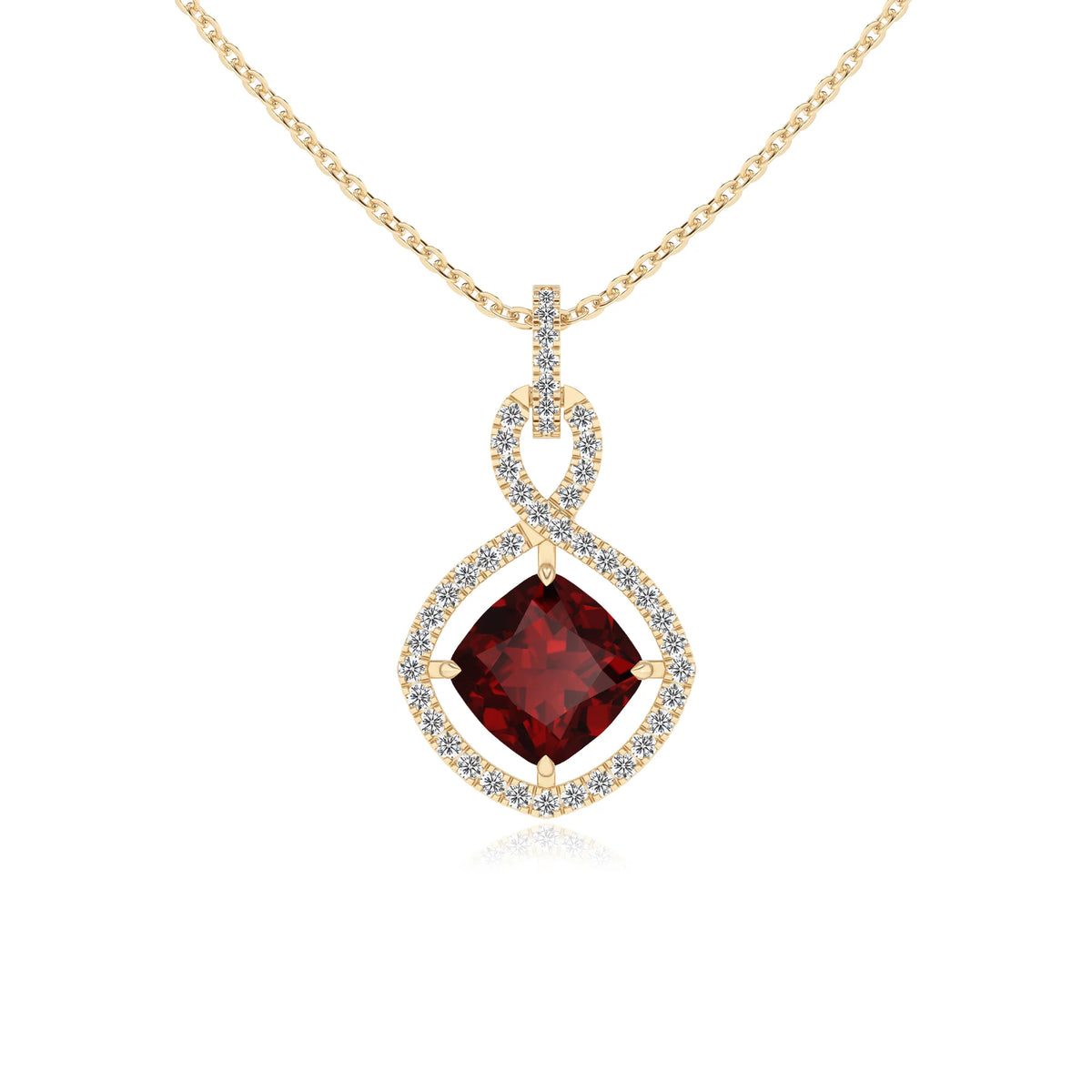 natural garnet cushion infinity necklaces in yellow gold 