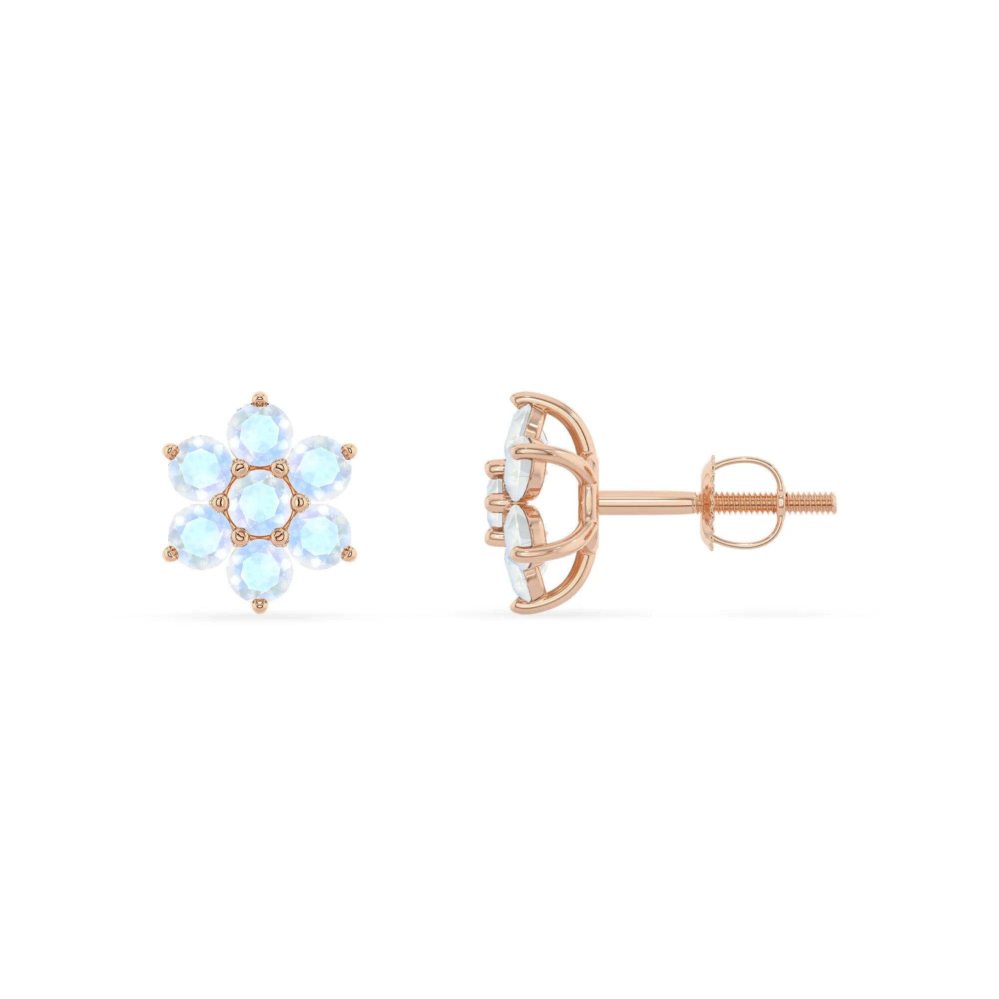 natural rainbow moonstone round stud earrings in rose gold 