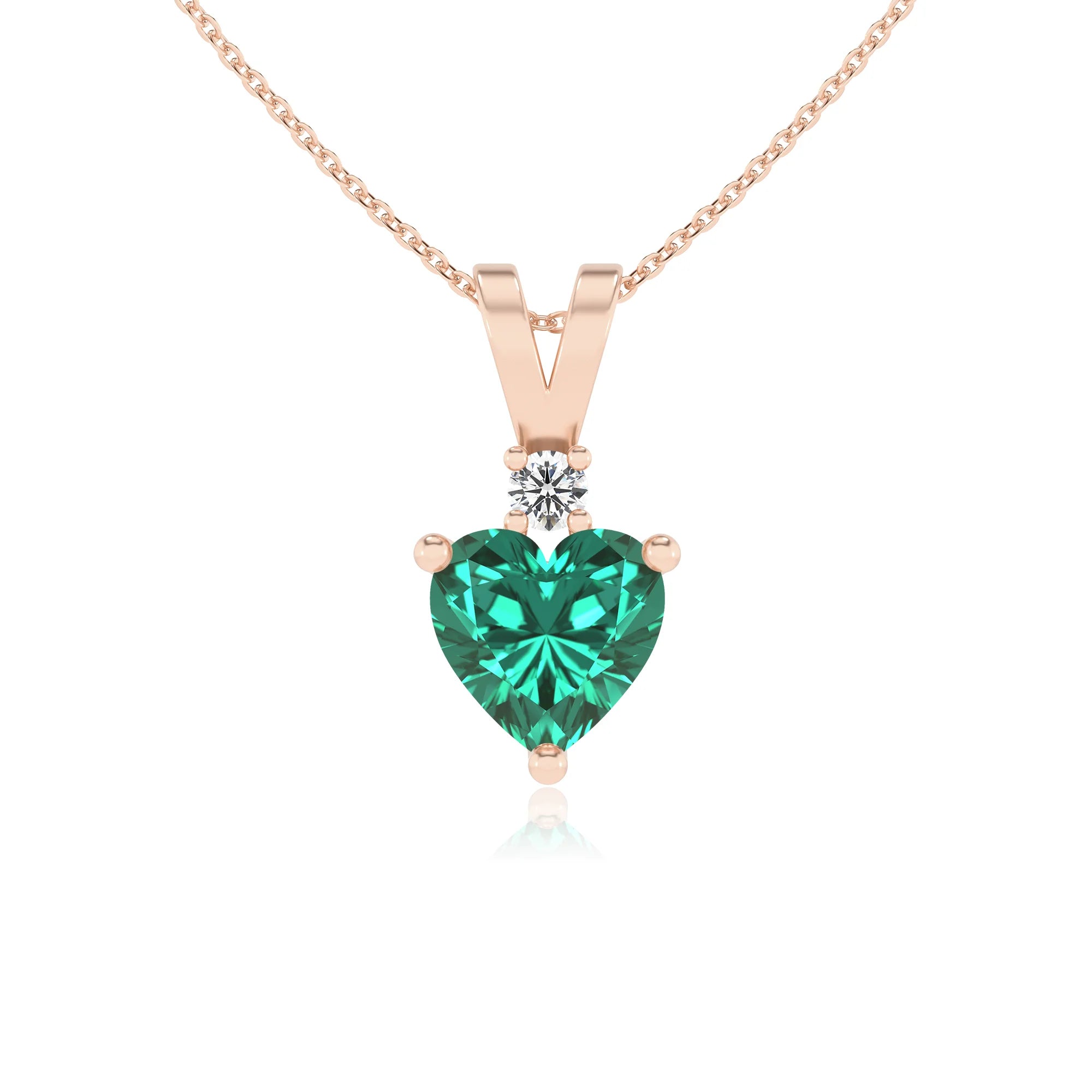 lab grown emerald heart solitaire v-bale necklaces in rose gold 