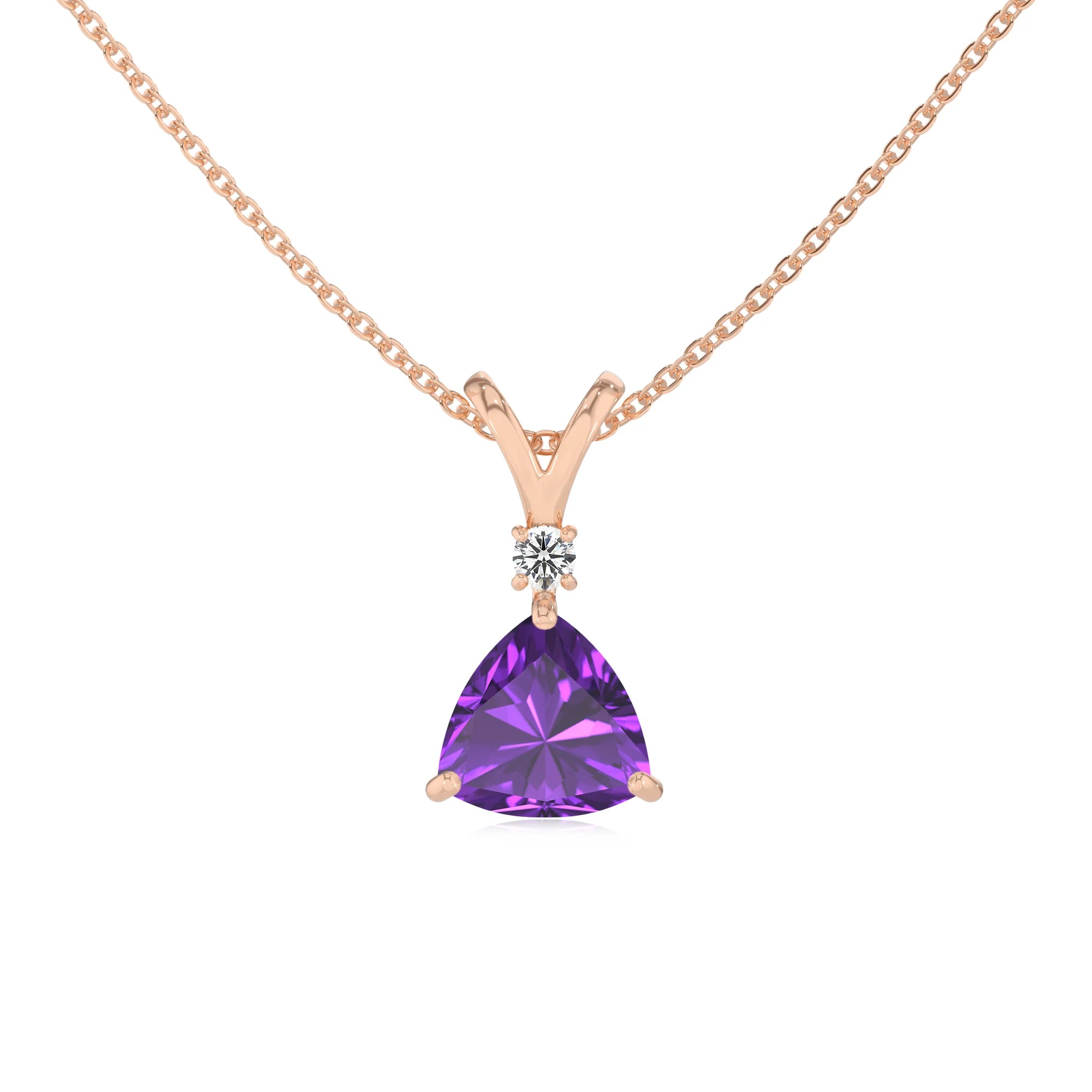 lab grown amethyst trillion solitaire v-bale necklaces in rose gold 