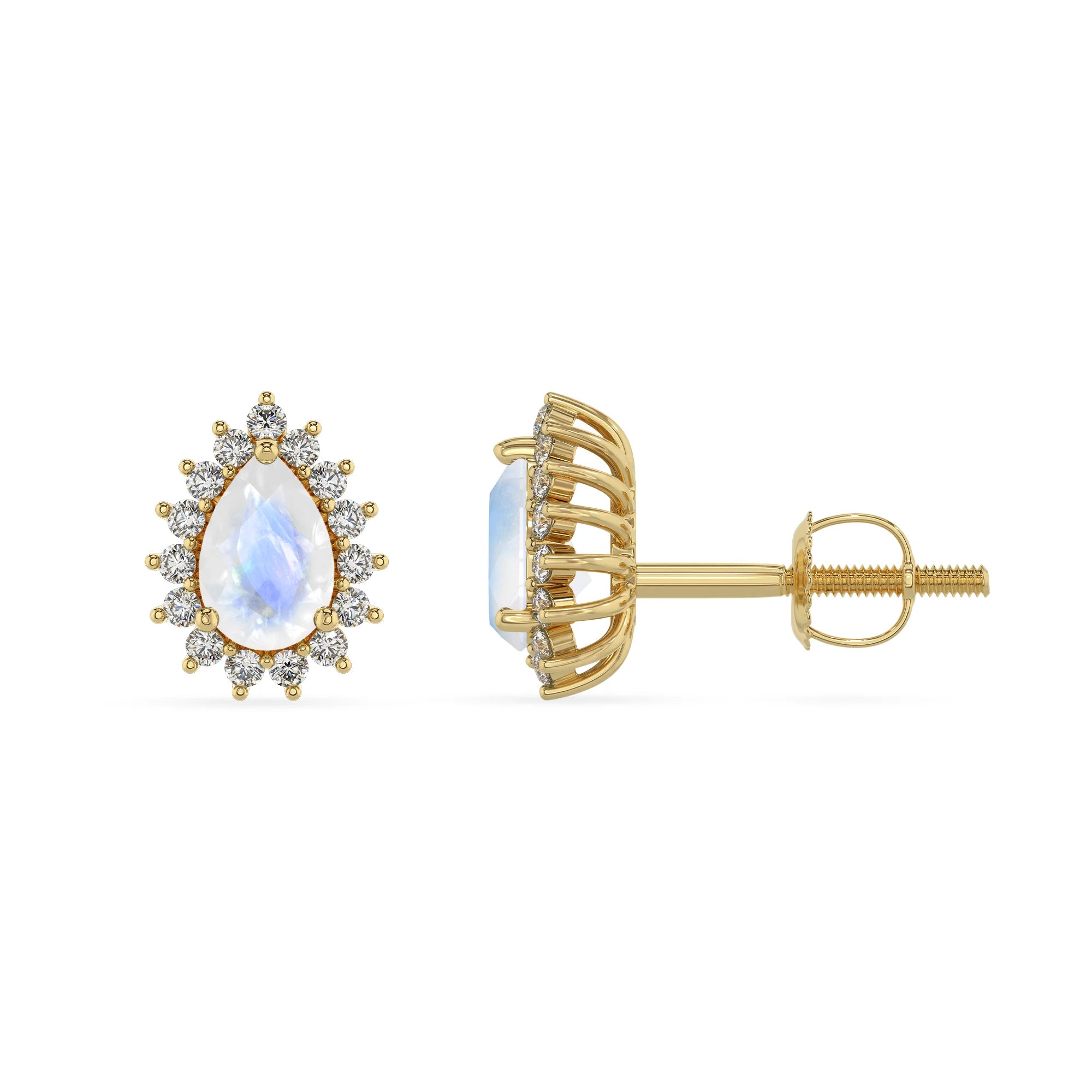 natural rainbow moonstone pear stud earrings in yellow gold 