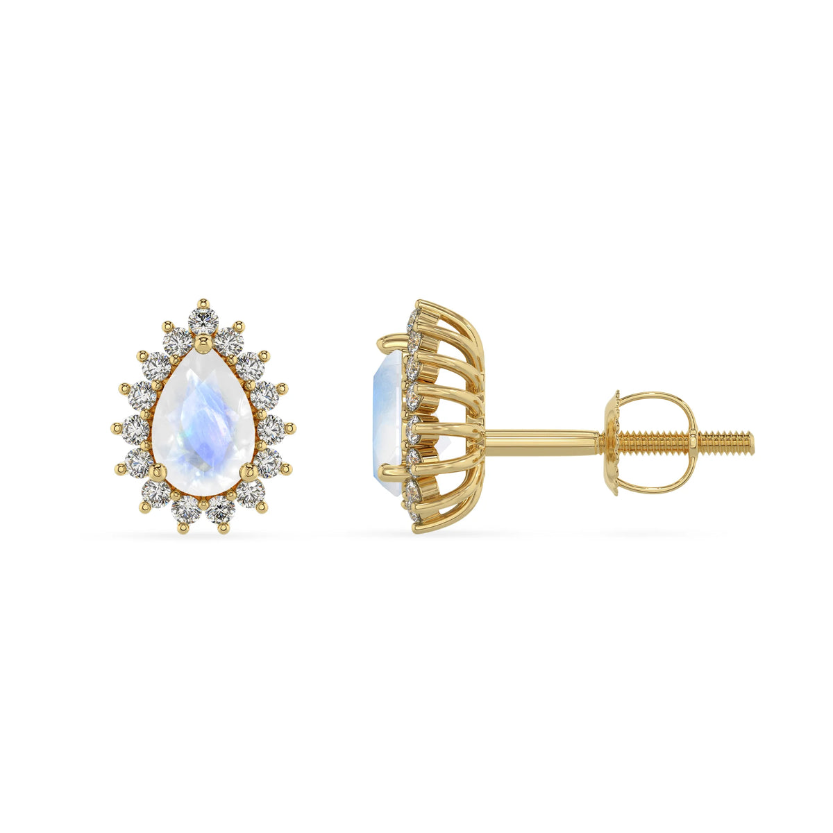natural rainbow moonstone pear stud earrings in yellow gold 