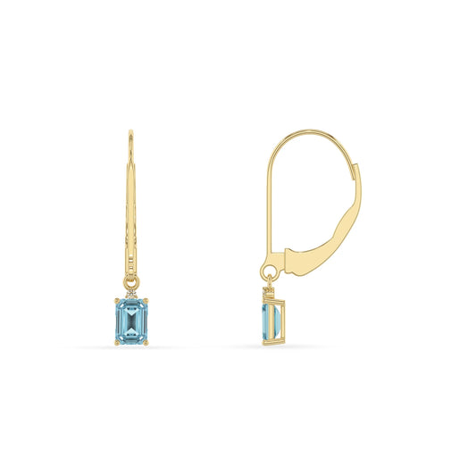 lab grown aquamarine emerald cut drop earrings in yellow gold 