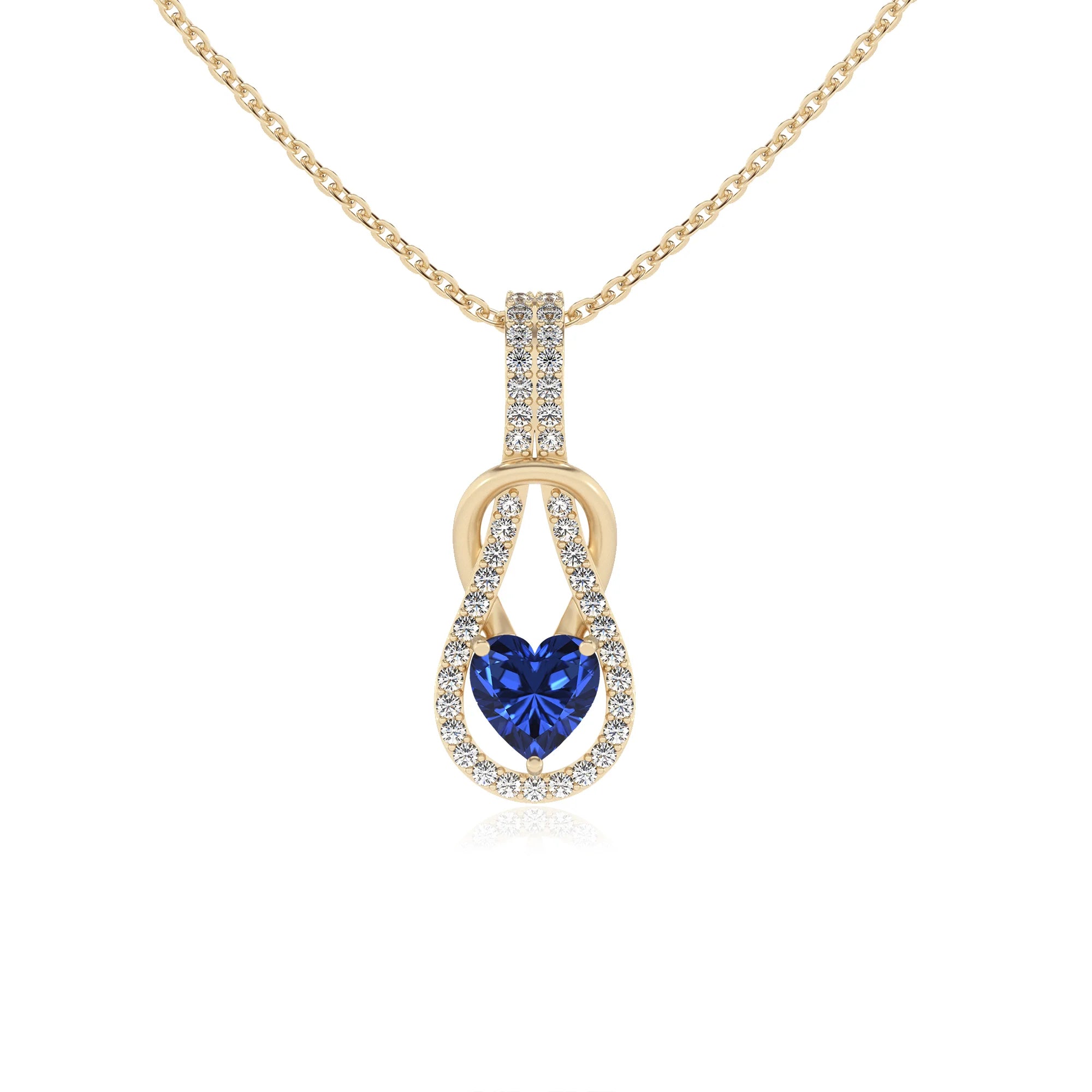 lab grown blue-sapphire heart infinity  v-bale necklaces in yellow gold 