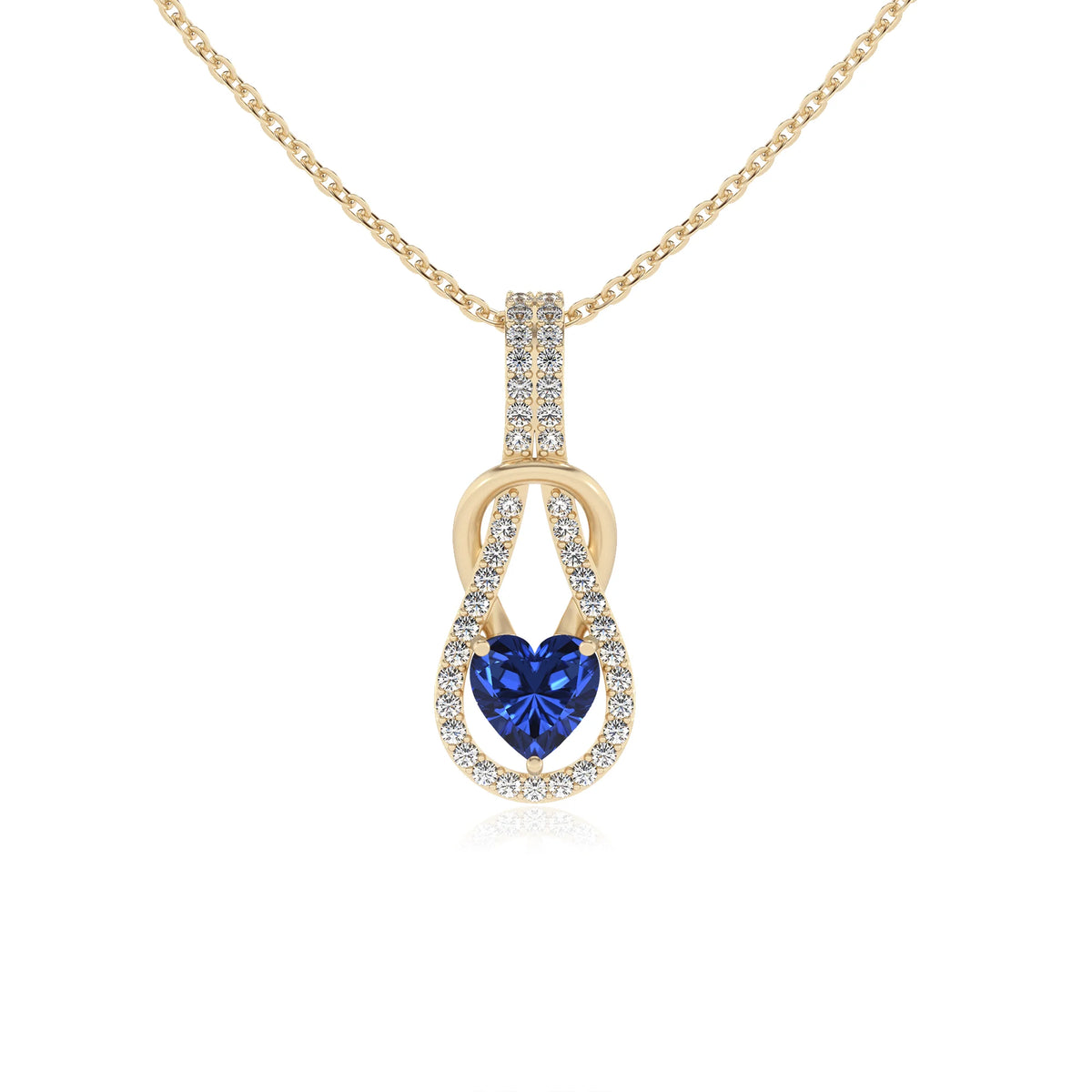 lab grown blue-sapphire heart infinity  v-bale necklaces in yellow gold 