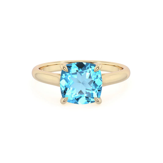 natural swiss-blue-topaz cushion solitaire rings in yellow gold 
