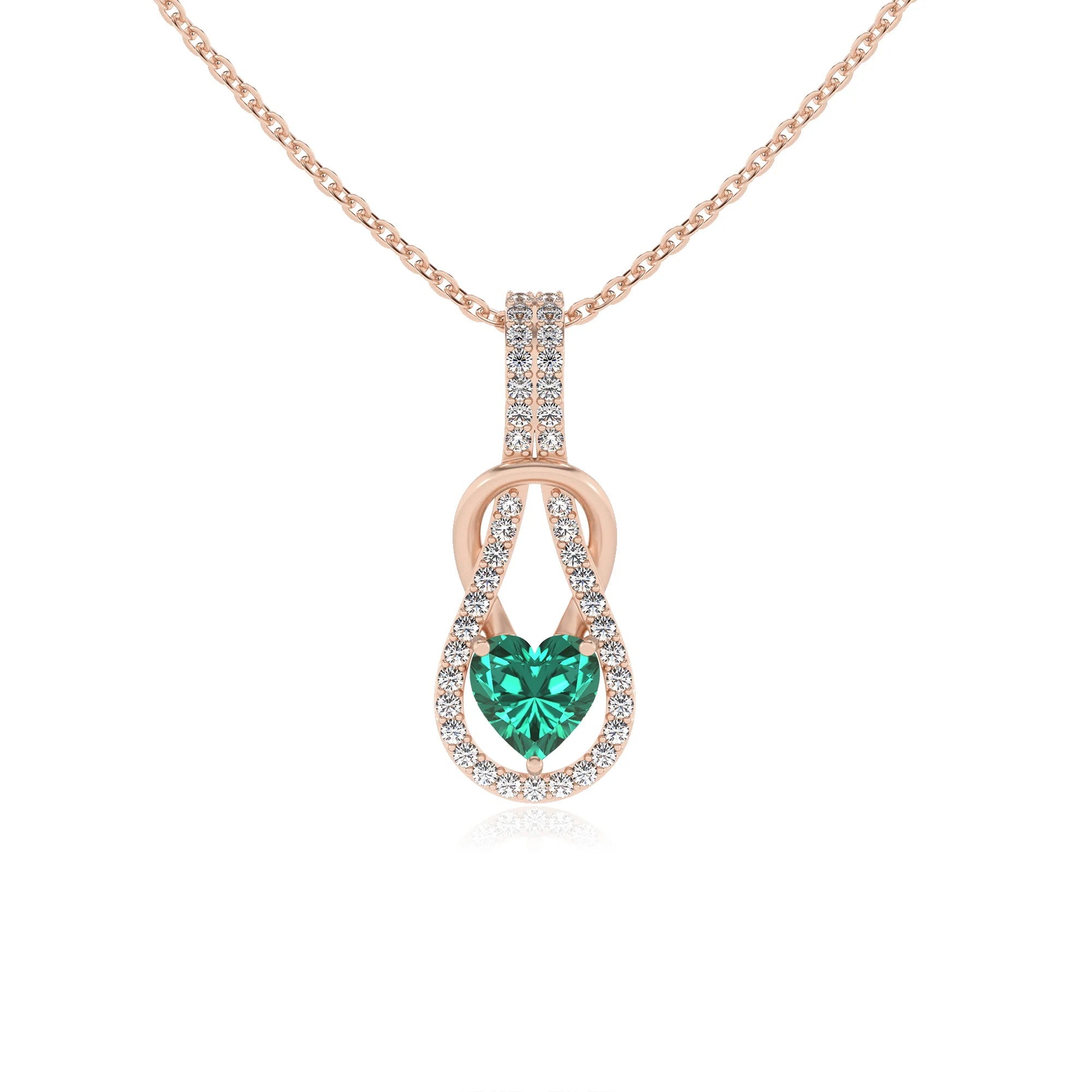 lab grown emerald heart infinity  v-bale necklaces in rose gold 