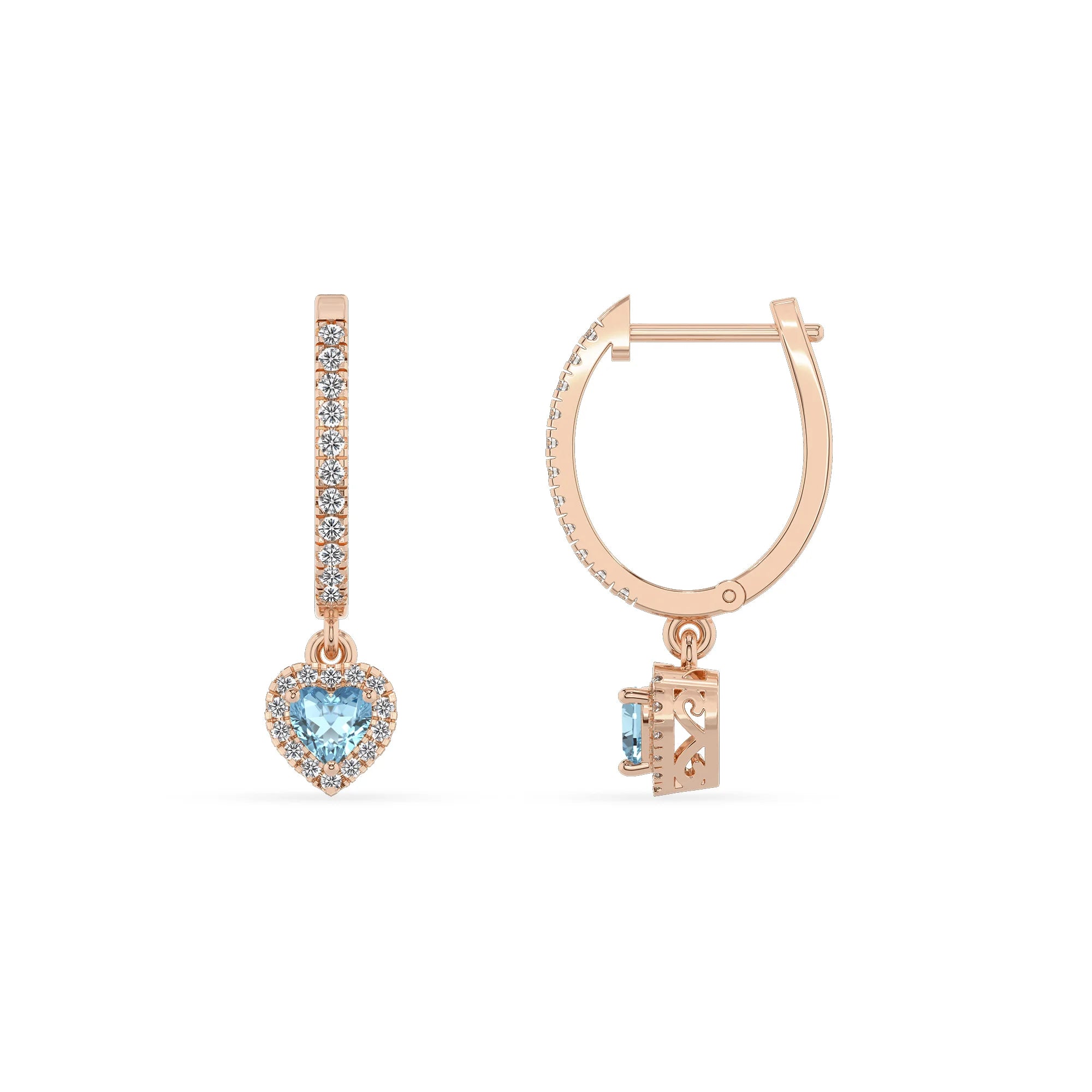 lab grown aquamarine heart drop earrings in rose gold 