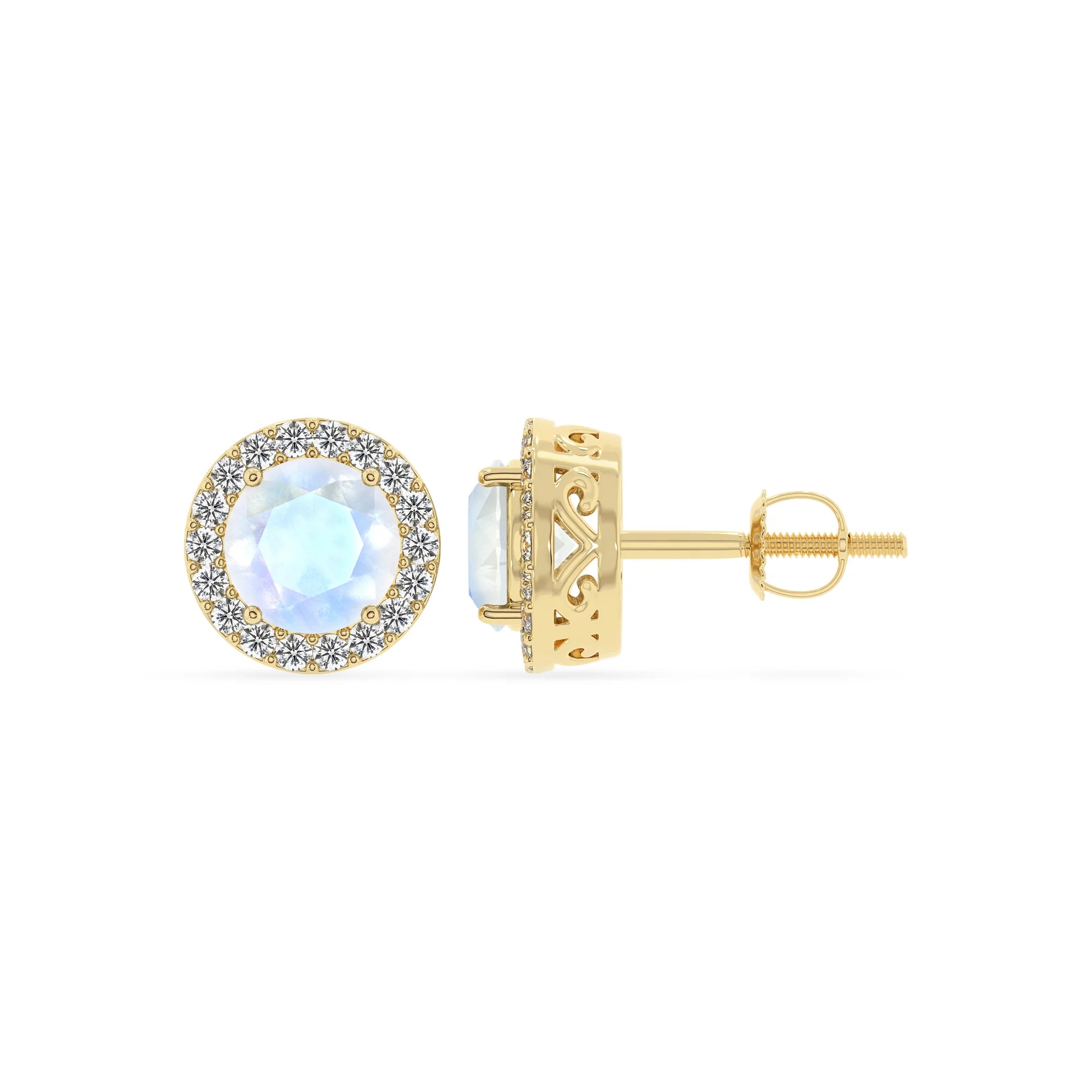 natural rainbow moonstone round stud earrings in yellow gold 