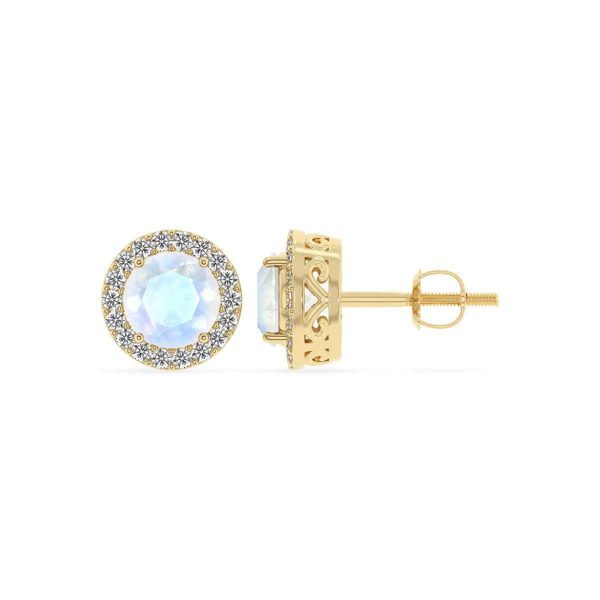 natural rainbow moonstone round stud earrings in yellow gold 