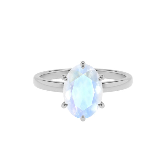 natural rainbow-moonstone oval solitaire rings in platinum 