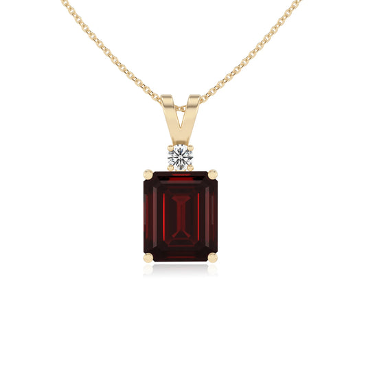 natural garnet emerald cut solitaire v-bale necklaces in yellow gold 