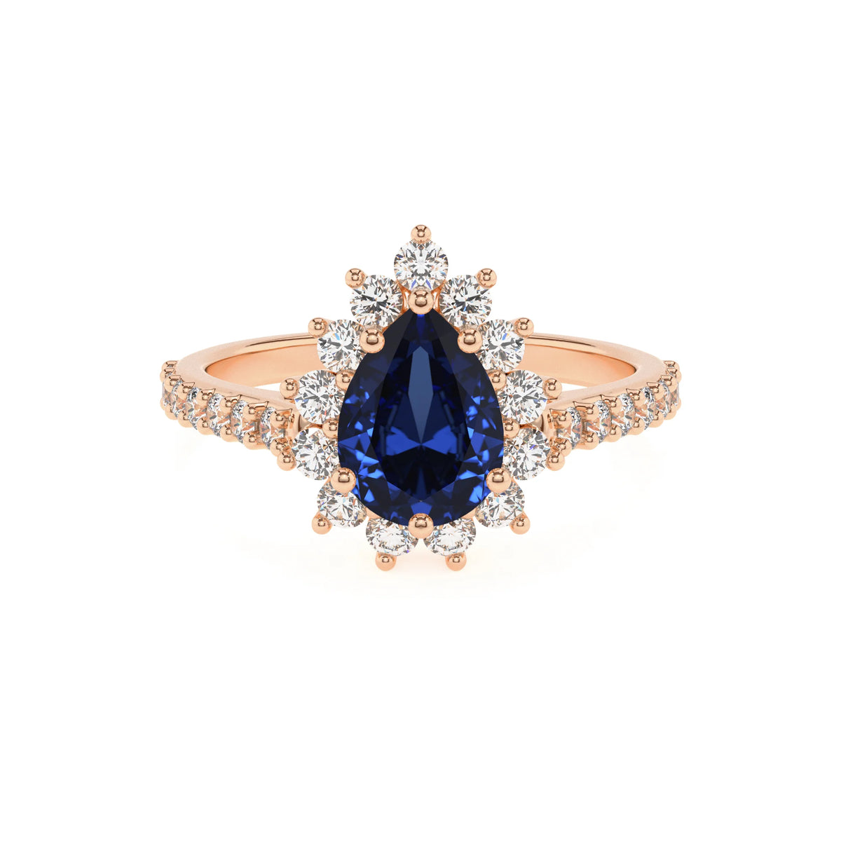 lab grown blue-sapphire pear solitaire rings in rose gold 