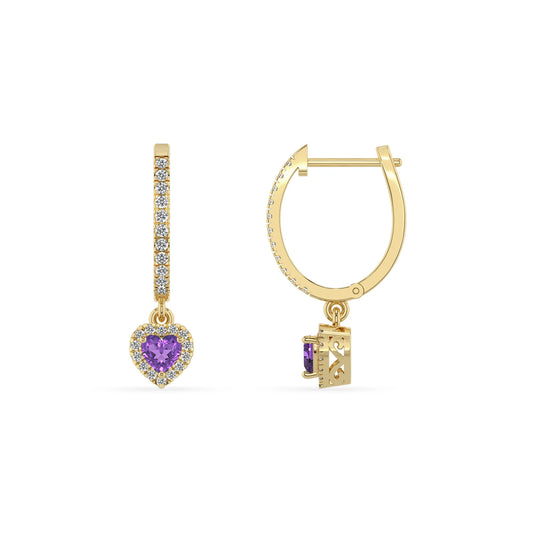 lab grown amethyst heart drop earrings in yellow gold 