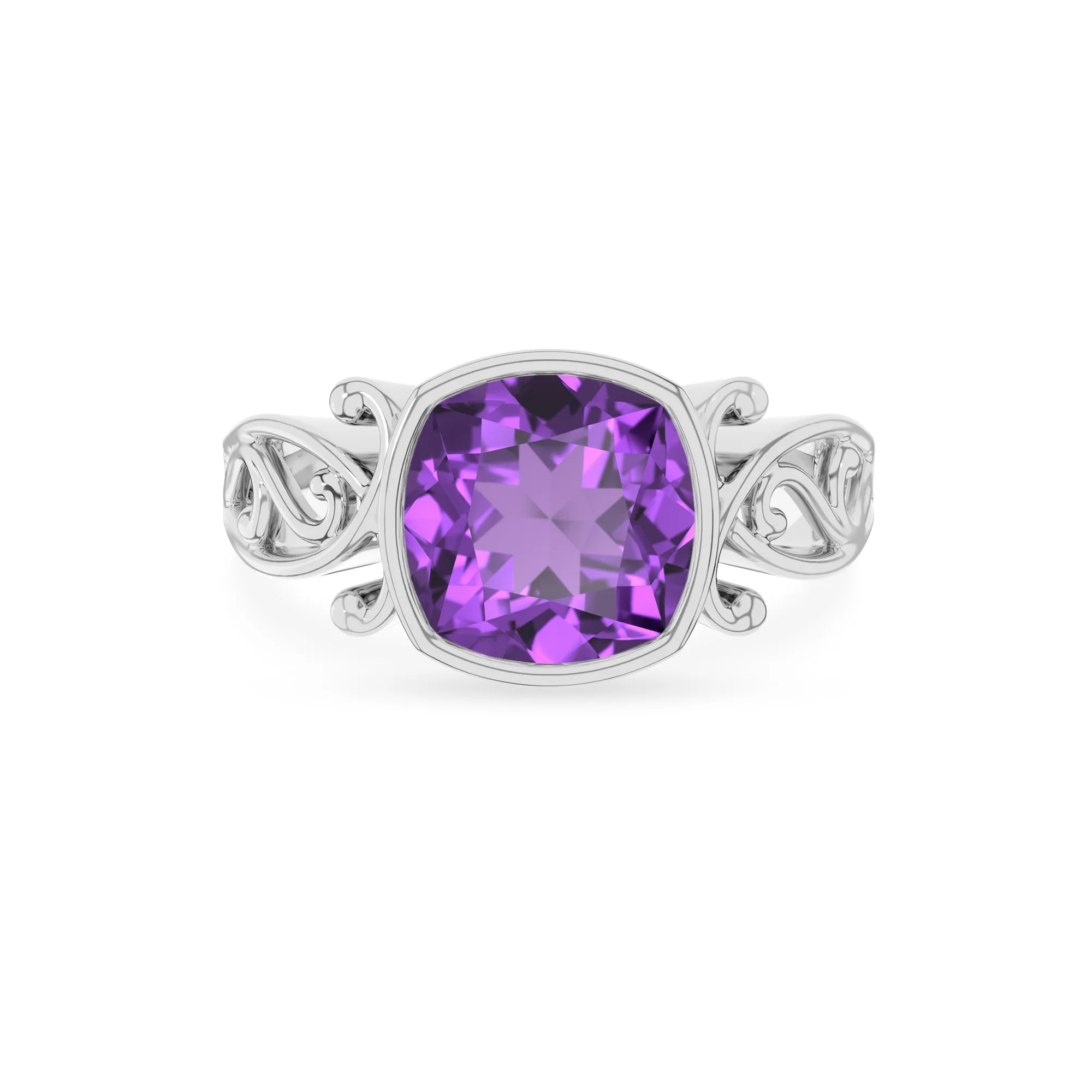 lab grown amethyst cushion solitaire rings in platinum 