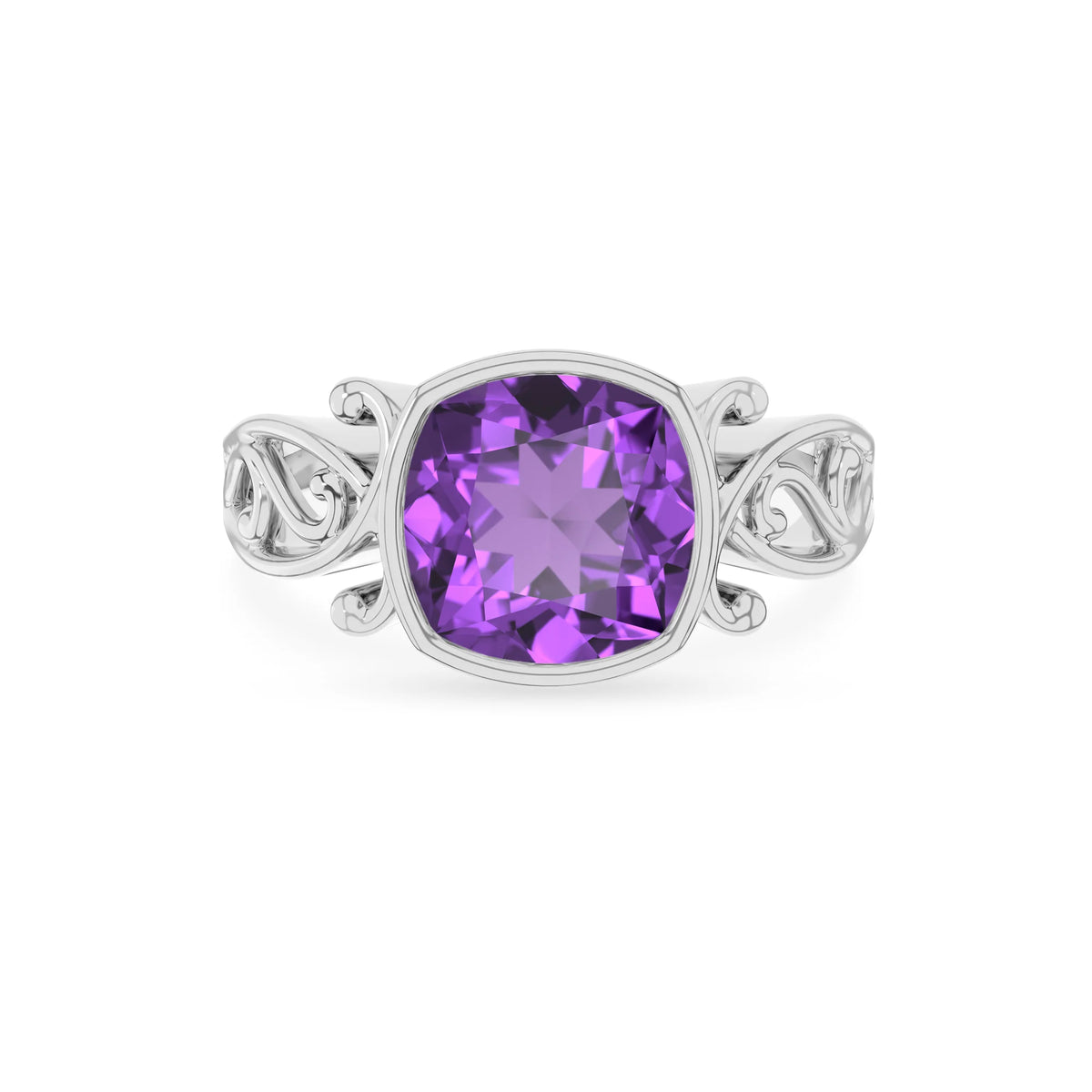 lab grown amethyst cushion solitaire rings in platinum 