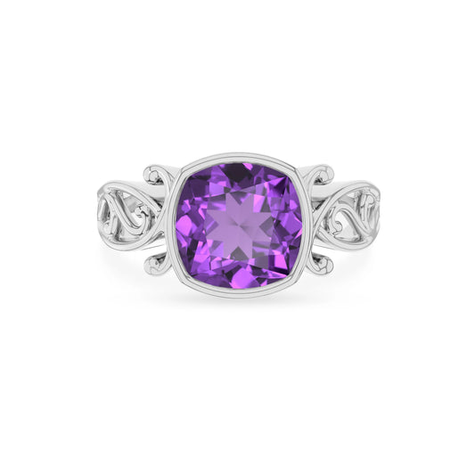lab grown amethyst cushion solitaire rings in platinum 