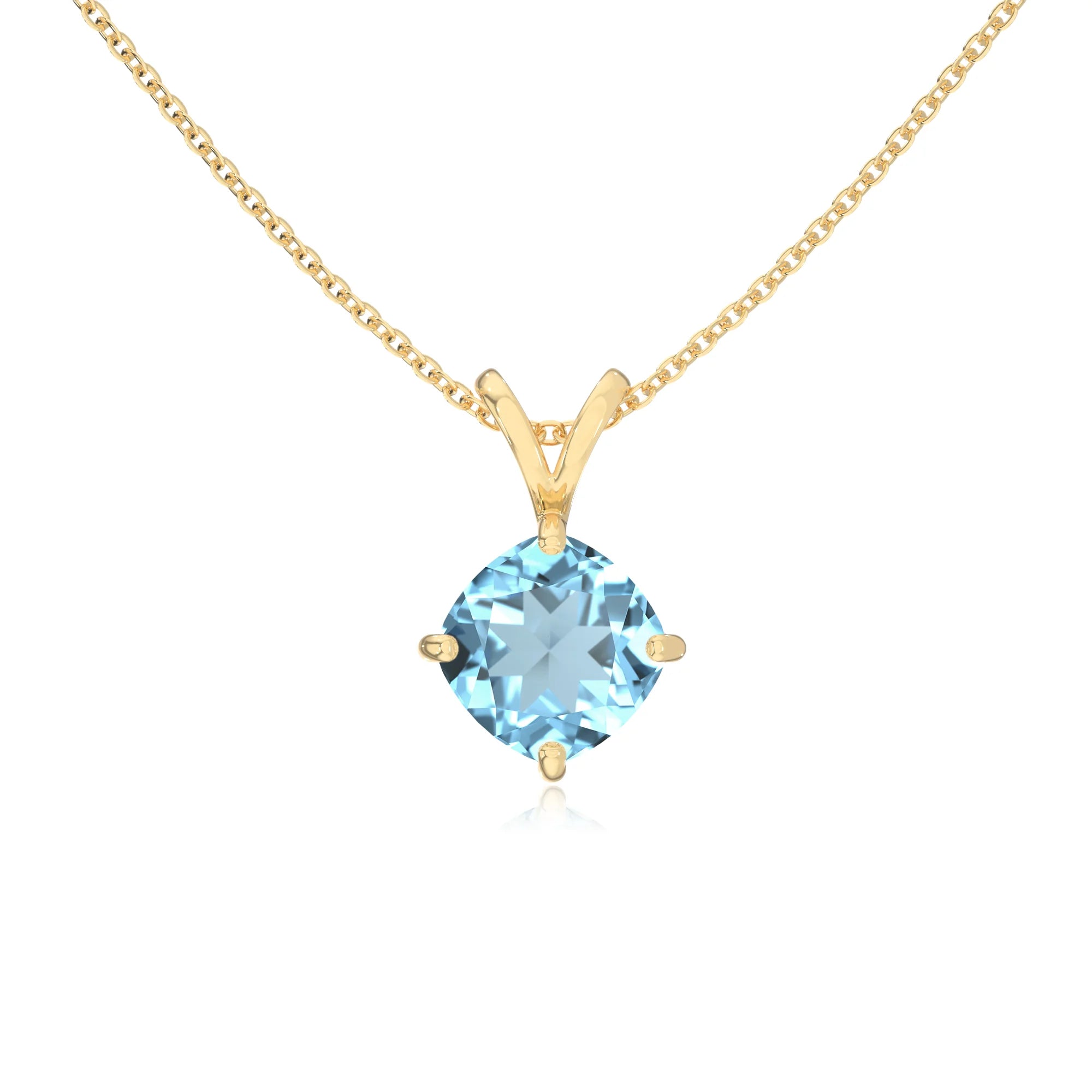 lab grown aquamarine cushion solitaire v-bale necklaces in yellow gold 