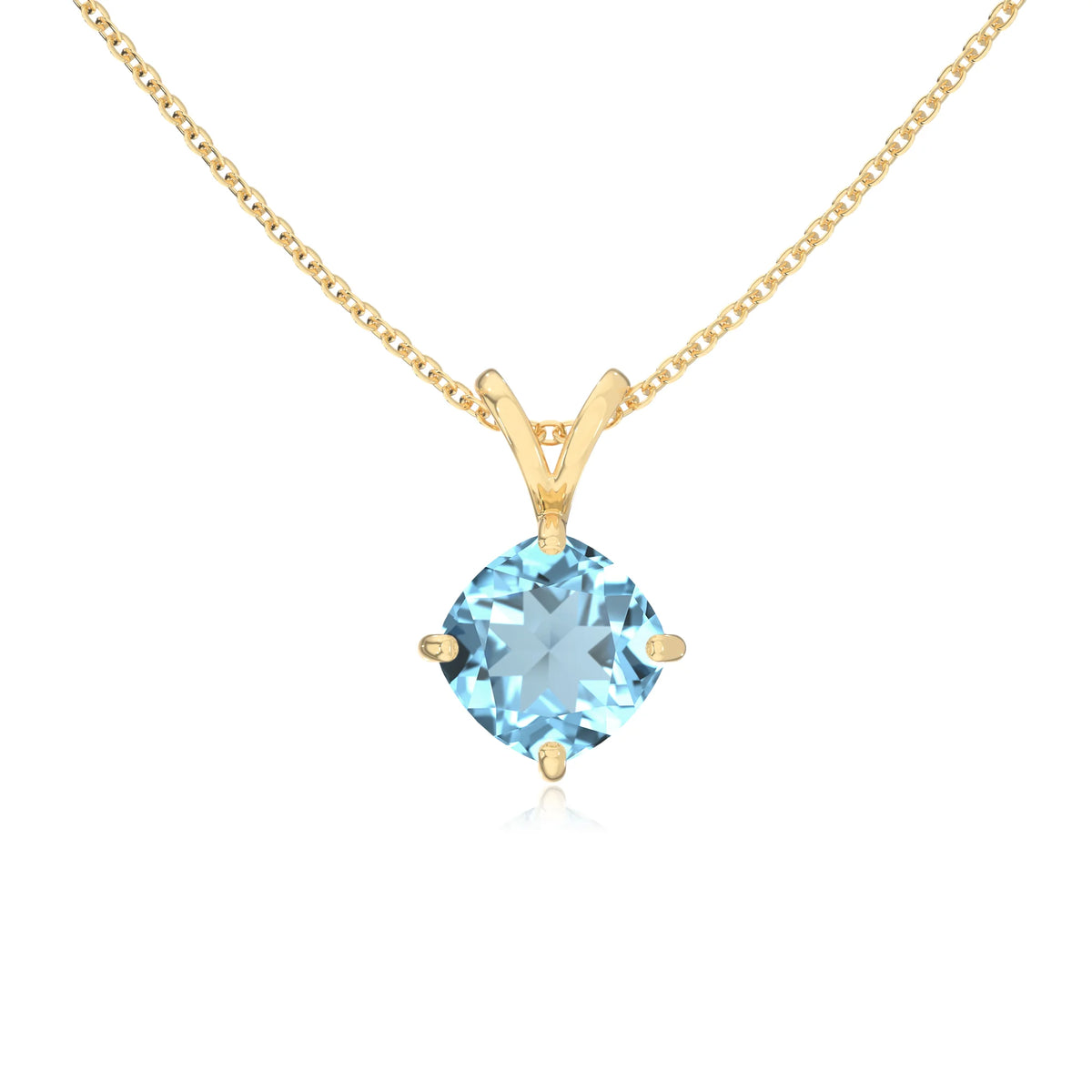 lab grown aquamarine cushion solitaire v-bale necklaces in yellow gold 