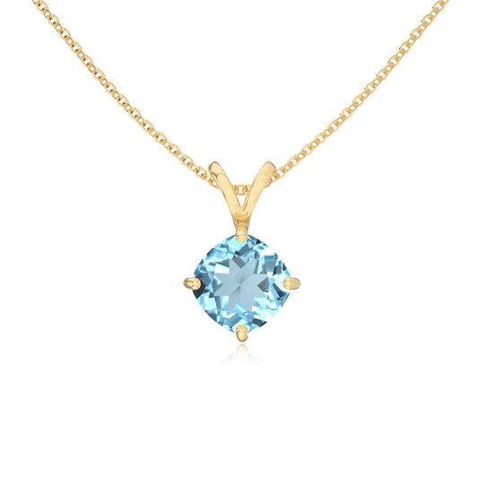 lab grown aquamarine cushion solitaire v-bale necklaces in yellow gold 