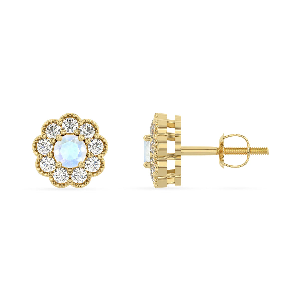 natural rainbow moonstone round stud earrings in yellow gold 
