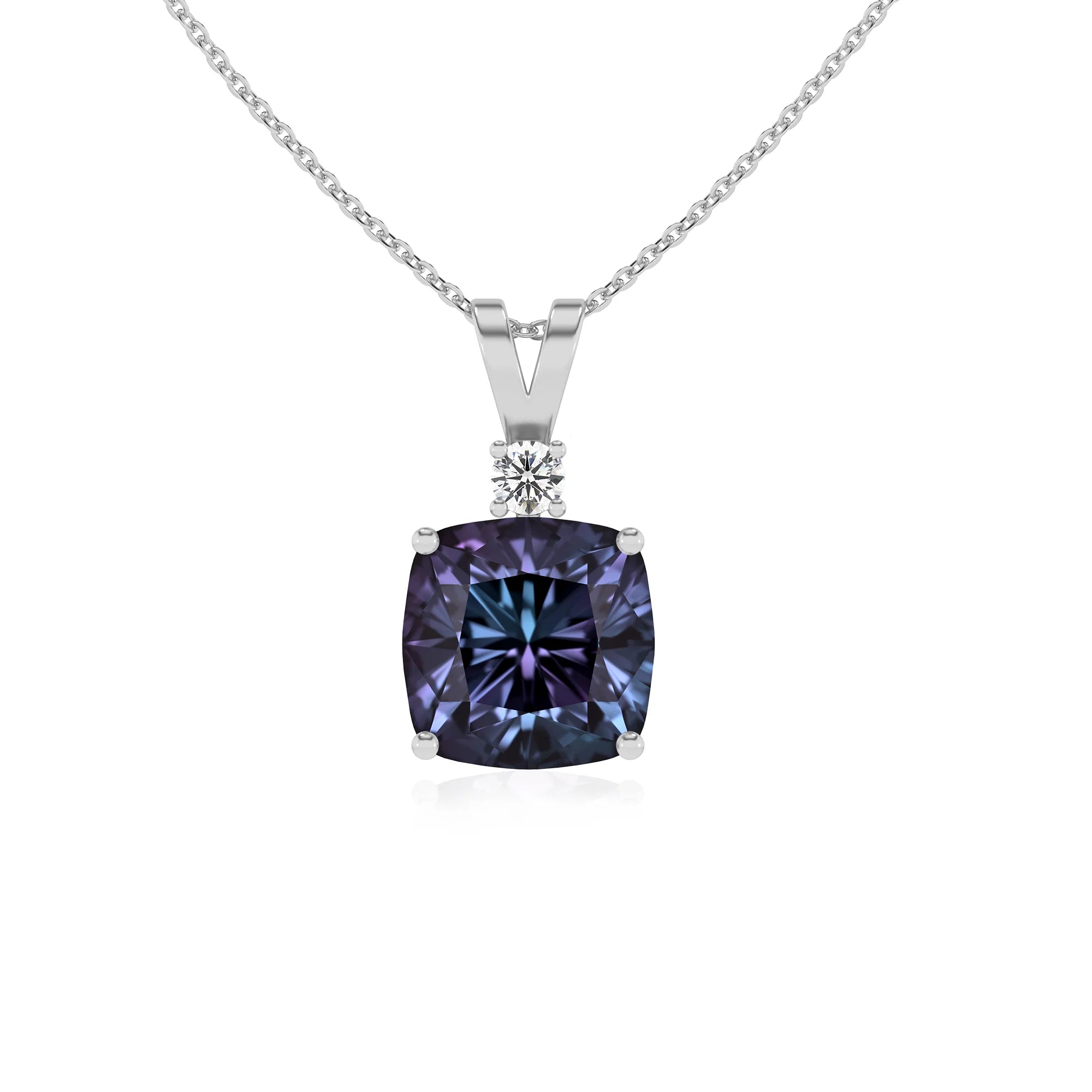 lab grown alexandrite cushion solitaire v-bale necklaces in white gold 