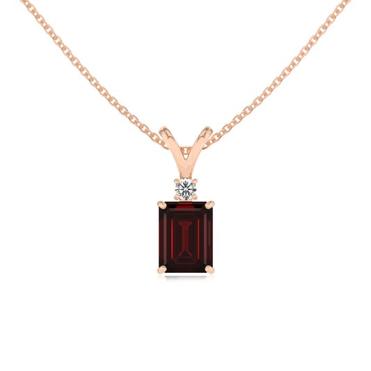 natural garnet emerald cut solitaire v-bale necklaces in rose gold 