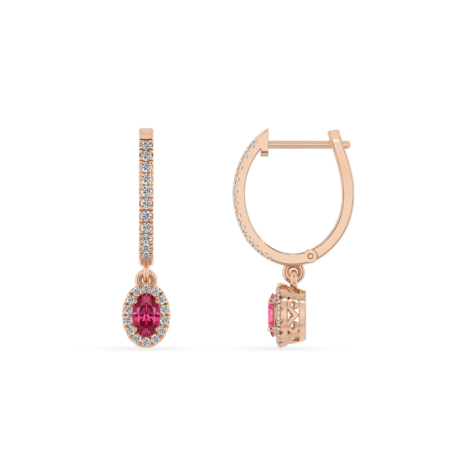 lab grown pink tourmaline oval drop earrings in rose gold 