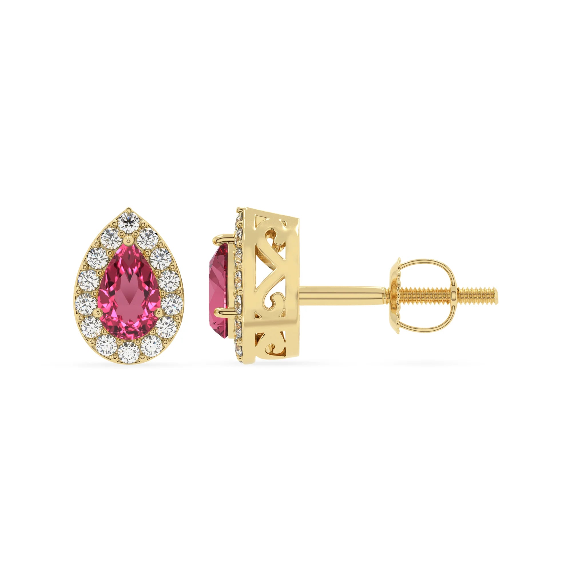 lab grown pink tourmaline pear stud earrings in yellow gold 