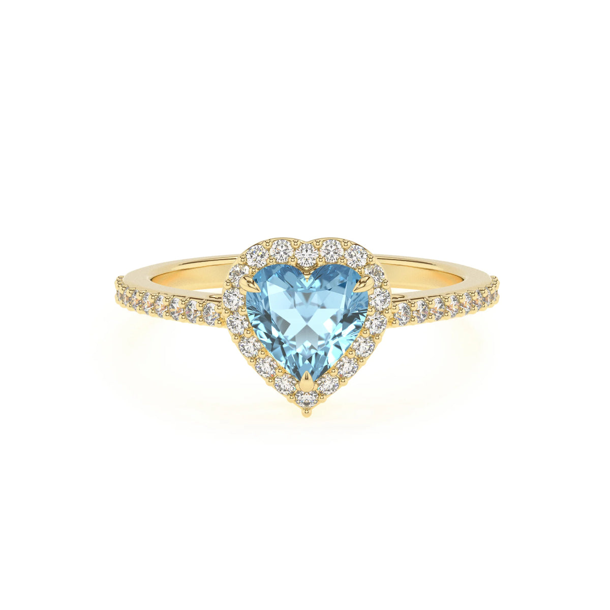 lab grown aquamarine heart solitaire rings in yellow gold 
