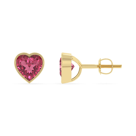 lab grown pink tourmaline heart stud earrings in yellow gold 