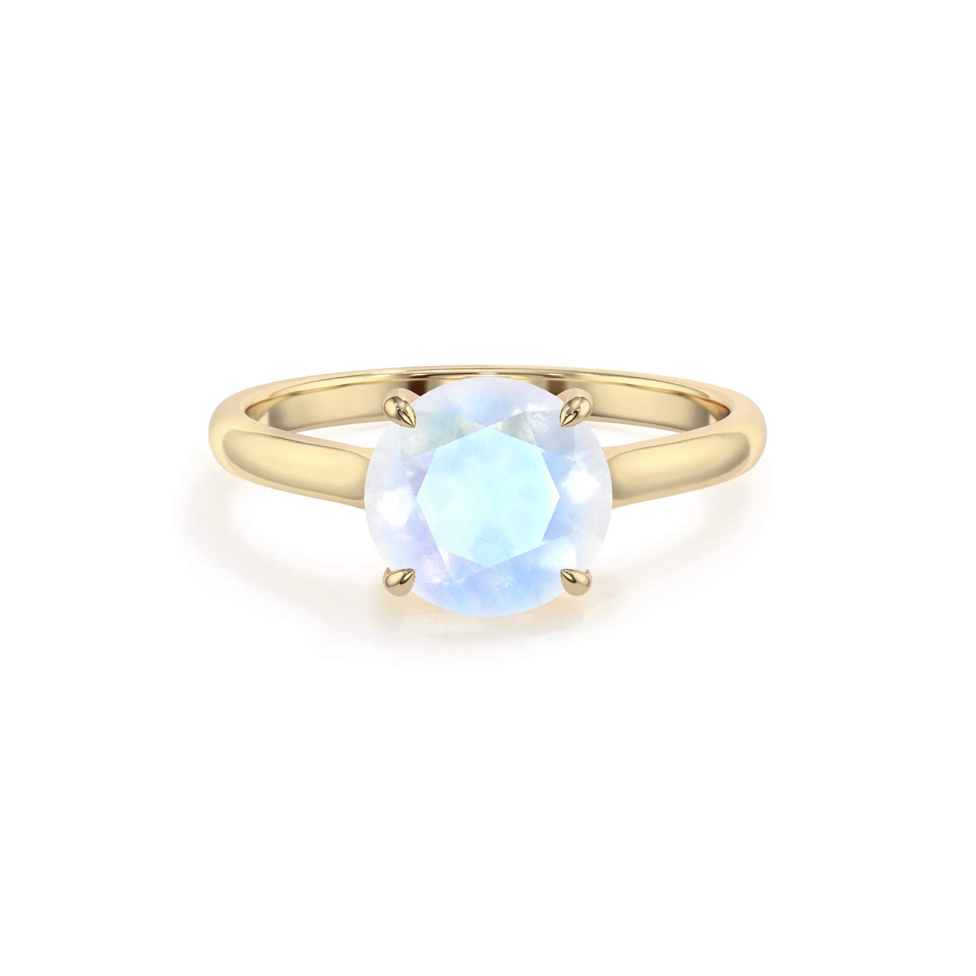 natural rainbow-moonstone round solitaire rings in yellow gold 