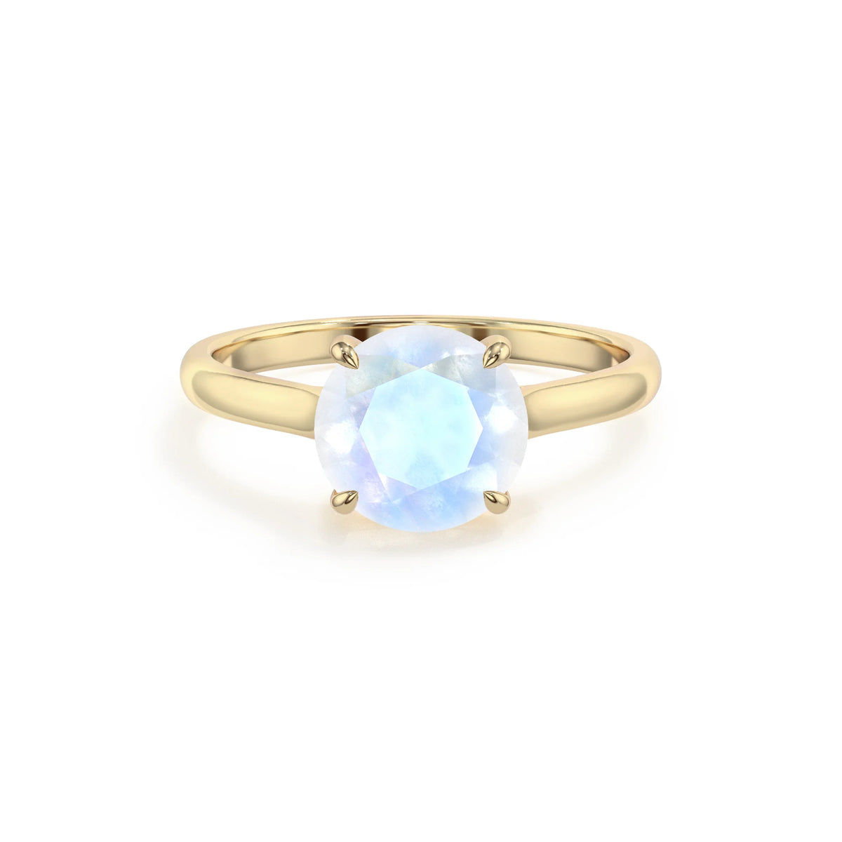 natural rainbow-moonstone round solitaire rings in yellow gold 