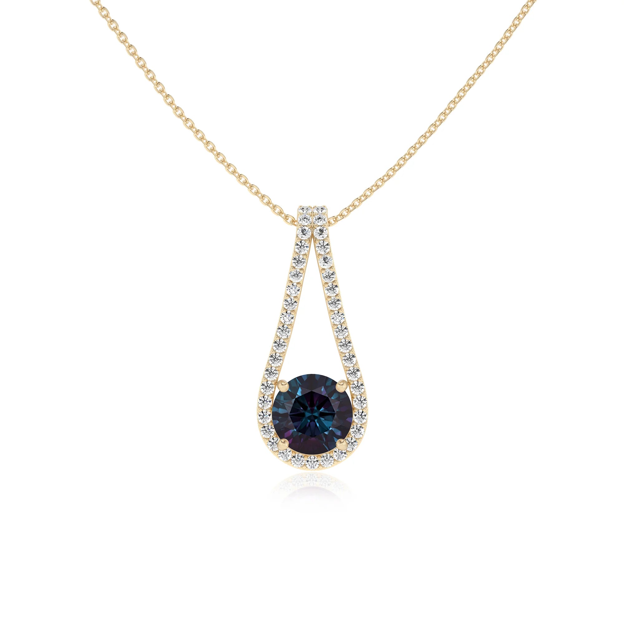 lab grown alexandrite round solitaire v-bale necklaces in yellow gold 