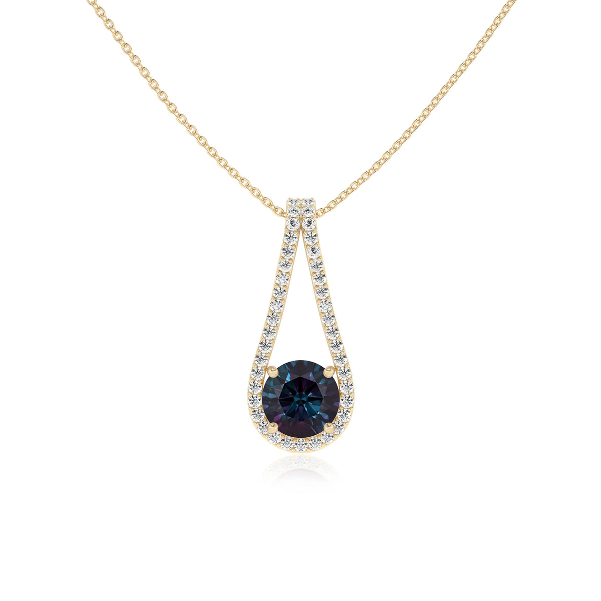 lab grown alexandrite round solitaire v-bale necklaces in yellow gold 
