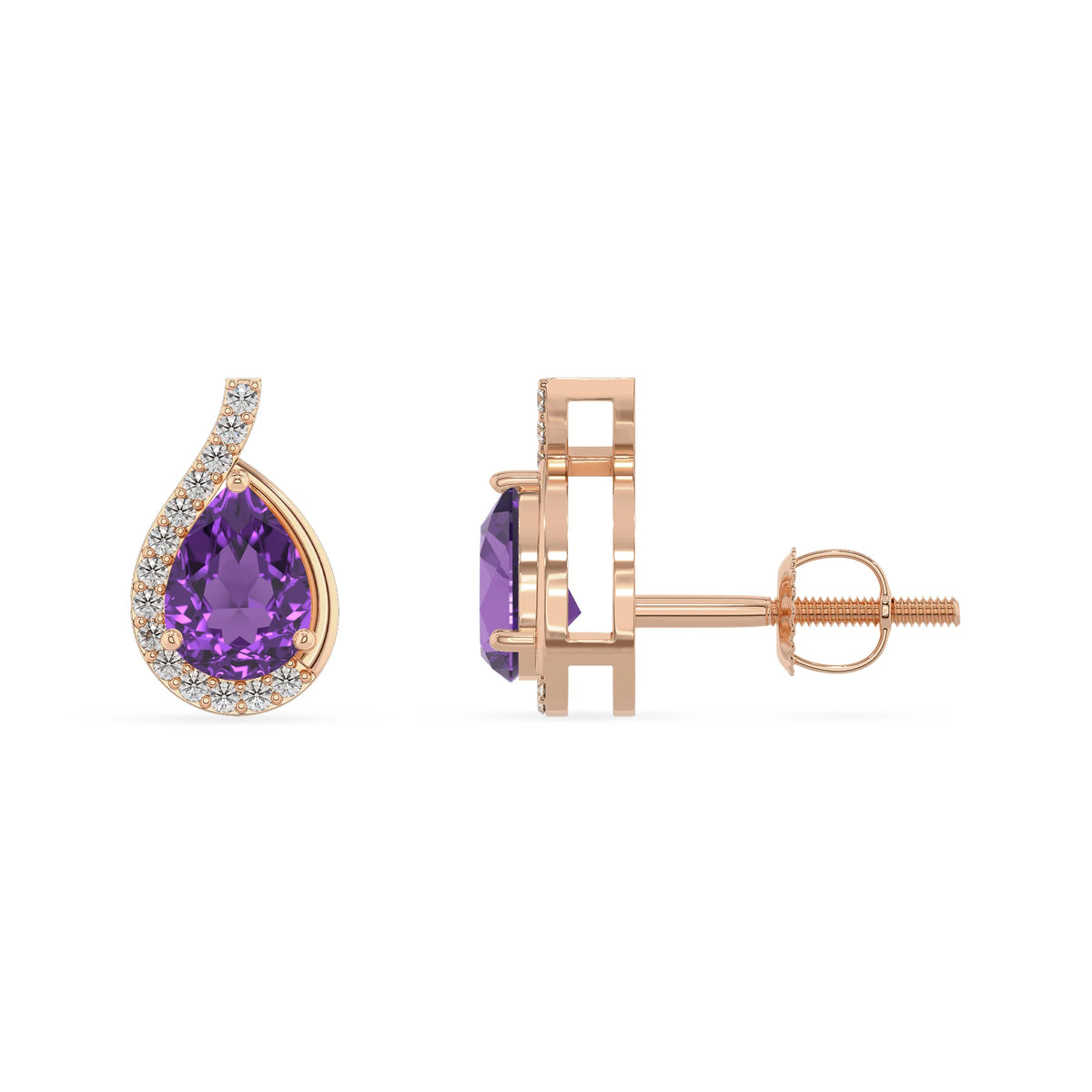 lab grown amethyst pear stud earrings in rose gold 