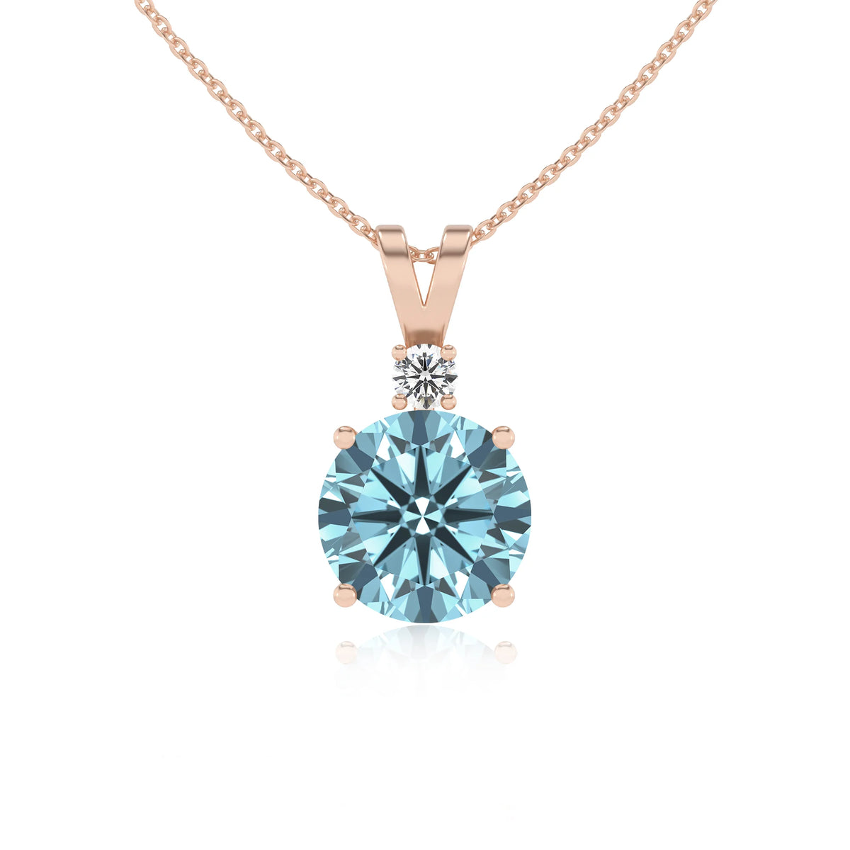 lab grown aquamarine round solitaire v-bale necklaces in rose gold 