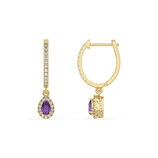 lab grown amethyst pear drop earrings in yellow gold 