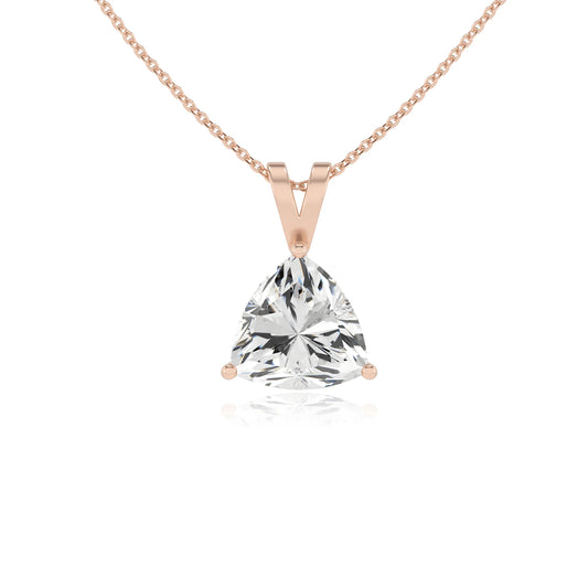 lab grown moissanite trillion solitaire v-bale necklaces in rose gold 